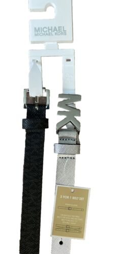 Michael Kors belts 2 For 1 Black MK Logo And Metallic Silver Buckles Silver