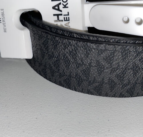 MICHAEL KORS BELT REVERSIBLE VANILLA/BLACK MK LOGO GOLD RECTANGULAR BUCKLE