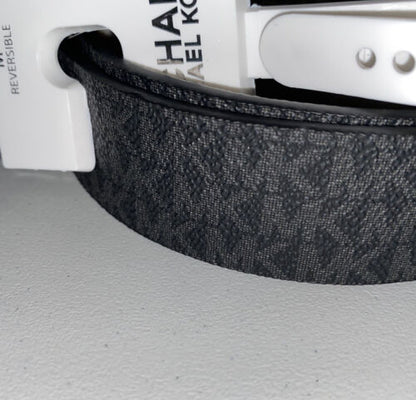 MICHAEL KORS BELT REVERSIBLE VANILLA/BLACK MK LOGO GOLD RECTANGULAR BUCKLE