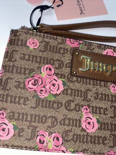 Juicy Couture~Wristlet Wallet Pink Bloom Brown FURGET Me Not~Gothic Logo~CUTE