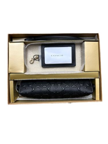 Coach Boxed Pencil Case Id Lanyard Set In Signature Leather ~NWT~ Black CF467