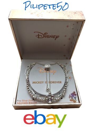 Disney Fine Silver Plated Mickey Mouse Bolo Bracelet Rhinestone Face &Ears NIB