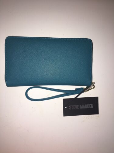 STEVE MADDEN WALLET WRISTLET TEAL BLUE SMOOTH TEXTURED GOLD ZIPPER