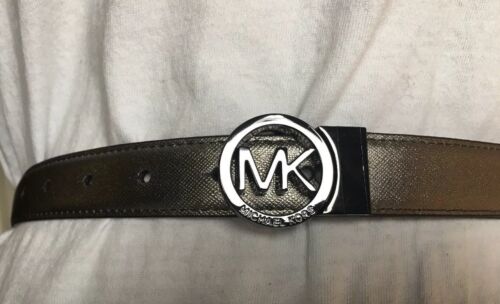 MICHAEL KORS BELT REVERSIBLE NICKEL/BURGUNDY SKINNY With MK LOGO CIRCLE BUCKLE