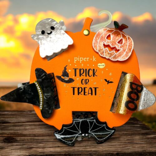 Piper K Set of 5 Mid-Size Halloween Hair Claw Clips Ghost Pumpkin Hat Cat TRICK