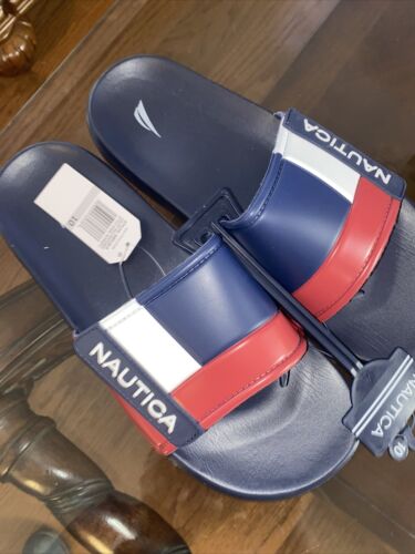 Nautica Bower Athletic Adjustable Slides Sandals, Mens Size 10, Navy White & Red