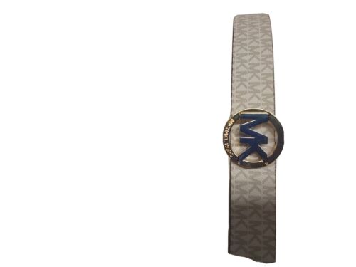 MICHAEL KORS BELT VANILLA/LUGGAGE PRINTED MK LOGO WITH GOLD MK LOGO BUCKLE 2X
