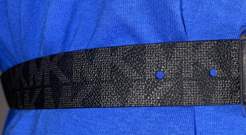 MICHAEL KOR BELT REVERSIBLE BLACK MK LOGO TO SOLID BLACK SILVER BUCKLE