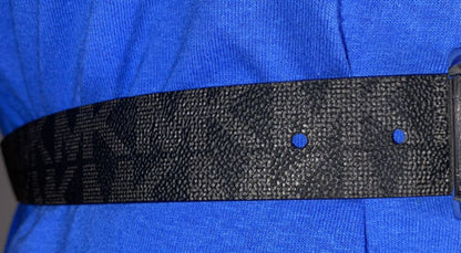 MICHAEL KOR BELT REVERSIBLE BLACK MK LOGO TO SOLID BLACK SILVER BUCKLE