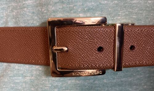 MICHAEL KORS BELT REVERSIBLE CREAM LUGGAGE LEATHER MK LOGO GOLD BUCKLE