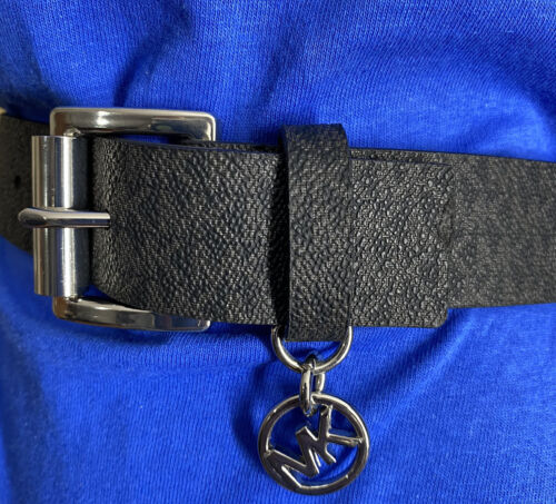 MICHAEL KORS BELT BLACK MK LOGO WITH SILVER BUCKLE AND MK CHARM 1 SMALL Left