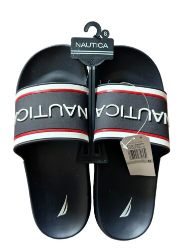 New NAUTICA Cortlan Size 8 Navy / Red with White Logo Slide Men's Sandals~GREAT!