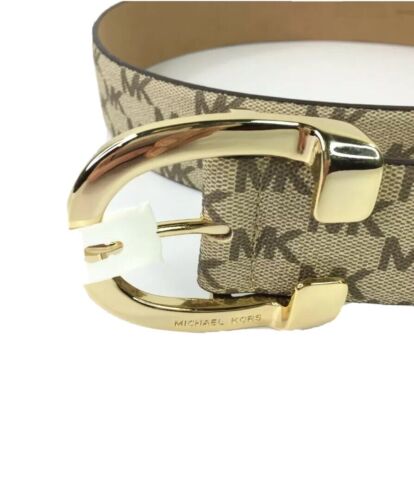 Michael Kors Belt~Beige Tan Signature Logo Leather Gold Buckle Med~MSRP $58~CUTE