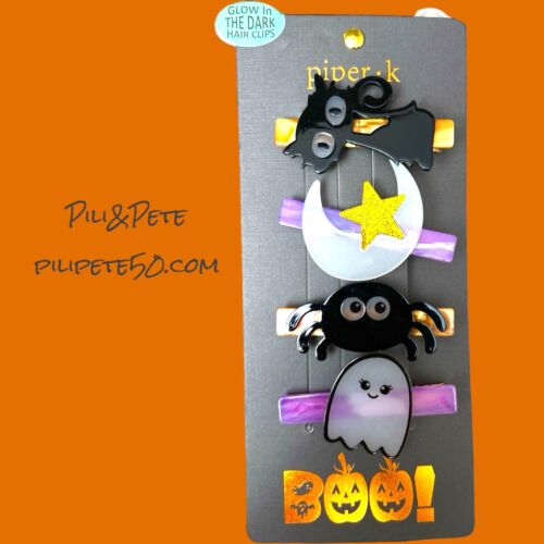 Piper K Halloween Glow in the Dark Hair Clips Black Cat Moon Spider Ghost NIP