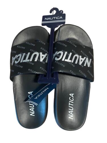 Nautica Womens Logo Embellished Black &Silver Logo Slide Sandal~Sze. 7~GREAT FIT
