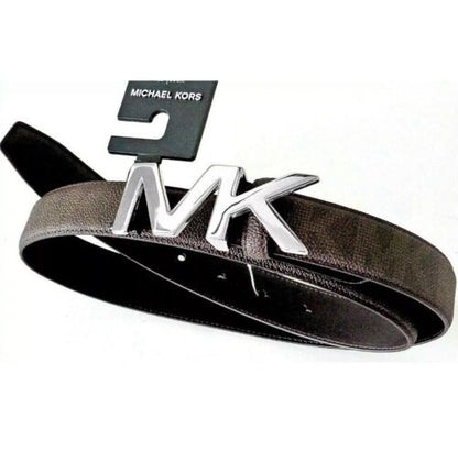 MICHAEL KORS BELT BROWN WITH PRINTED MK LOGO SILVER MK BUCKLE MSRP $48