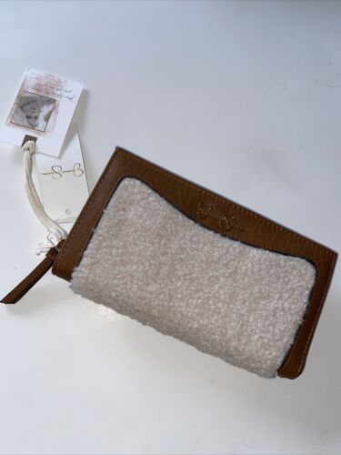 Jessica Simpson Vienna Bifold Wristlet Wallet Shearling Sherpa Almond Brown
