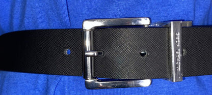 MICHAEL KOR BELT REVERSIBLE BLACK MK LOGO TO SOLID BLACK SILVER BUCKLE