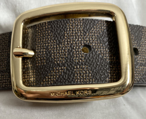 MICHAEL KORS BELT REVERSIBLE CHOCOLATE/VANILLA MK LOGO PRINT GOLD OVAL BUCKLE