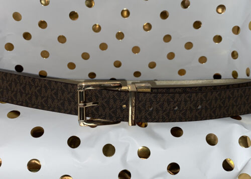 MICHAEL KORS BELT REVERSIBLE BROWN LOGO/METALLIC GOLD GOLD BUCKLE