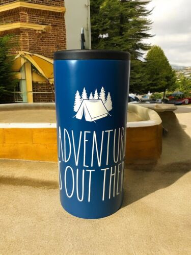 RAE DUNN New “ADVENTURE IS OUT THERE” Slim-Can Cooler Stainless Steel 12oz BLUE