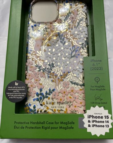 Kate Spade Phone Case For  iPhone 13-14-15 Floral With Rinestones Gold Foil Nice