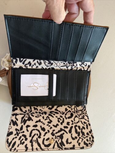 Jessica Simpson Vienna Trifold Wristlet Wallet Shearling Sherpa Almond Brown