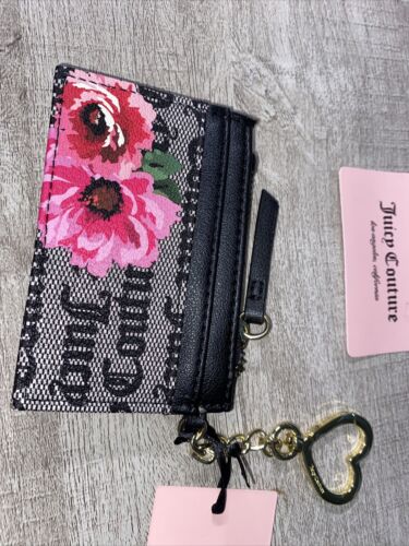 JUICY COUTURE PETAL STAT BLACK WORD ON THE STREET CARD CASE KEY~RING WALLET~WOW
