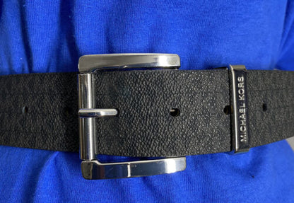 MICHAEL KORS BELT BLACK MK LOGO WITH SILVER BUCKLE WITH METAL MK BELT LOOP