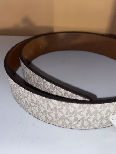 MICHAEL KORS BELT VANILLA/LUGGAGE XL PRINTED MK LOGO WITH GOLD MK LOGO BUCKLE