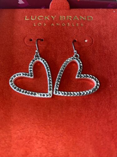 Lucky Brand Silver Tone Open Frame Heart Drop Earrings Hematite Tone Crystal NIB