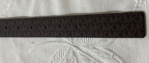 MICHAEL KORS BELT REVERSIBLE CHOCOLATE/VANILLA MK LOGO PRINT GOLD OVAL BUCKLE