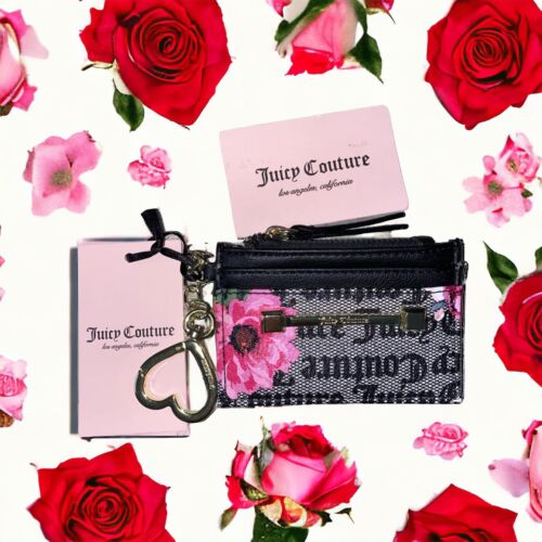 JUICY COUTURE PETAL STAT BLACK WORD ON THE STREET CARD CASE KEY~RING WALLET~WOW