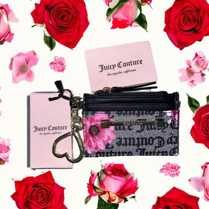 JUICY COUTURE PETAL STAT BLACK WORD ON THE STREET CARD CASE KEY~RING WALLET~WOW