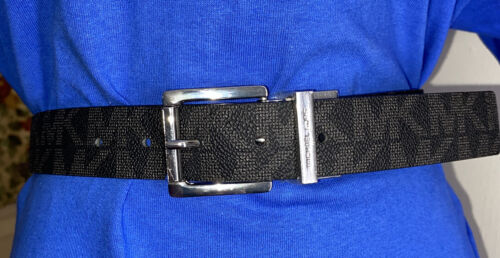 MICHAEL KOR BELT REVERSIBLE BLACK MK LOGO TO SOLID BLACK SILVER BUCKLE