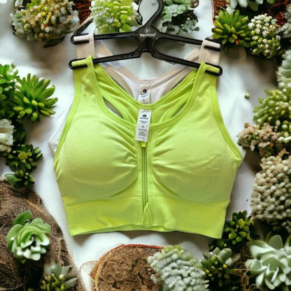 90 Degree By Reflex High Perform. WHITE/GReen- Zippered Sport  Bra 2 Set- SMALL