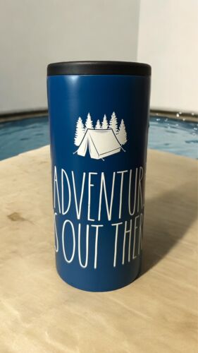 RAE DUNN New “ADVENTURE IS OUT THERE” Slim-Can Cooler Stainless Steel 12oz BLUE