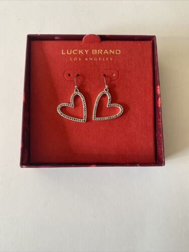 Lucky Brand Silver Tone Open Frame Heart Drop Earrings Hematite Tone Crystal NIB