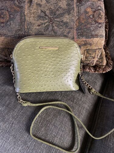 STEVE MADDEN HANDBAG BMAGGIE OSTRICH OLIVE GREEN GOLD-TONE HARDWARE NEW