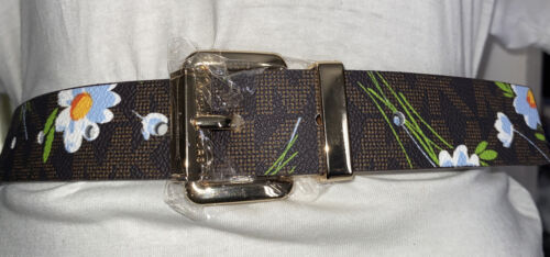 MICHAEL KORS BELT REVERSIBLE BROWN MK LOGO WITH FLOWER PRINT GOLD BUCKLE STYLE!
