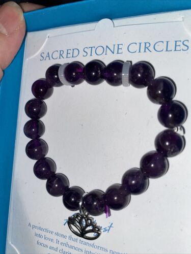 Sacred Stone Circles Bracelet Amethyst W/ Lotus Flower Silver-Tone - RARE  FIND