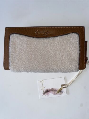 Jessica Simpson Vienna Bifold Wristlet Wallet Shearling Sherpa Almond Brown