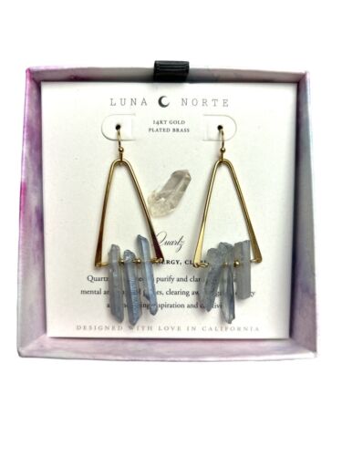 Luna Norte Quartz 14KT Gold Plated Brass Dangle Earrings~Power, Energy, Clarity