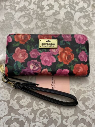 JUICY COUTURE Wallet- Wristlet Zip Around Black-Rose Print  Single Zip Large New