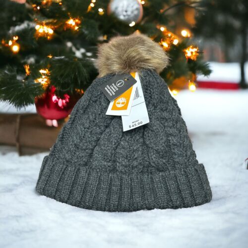Timberland Knit Hat Pom-Pom Faux Fur Beanie Hat Charcoal~Women~Fleece Lined~WARM