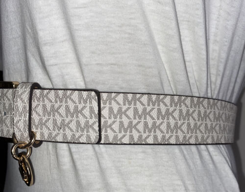 Michael Kors Belt White With Printed Mk Logo With Gold Buckle And MK Charm