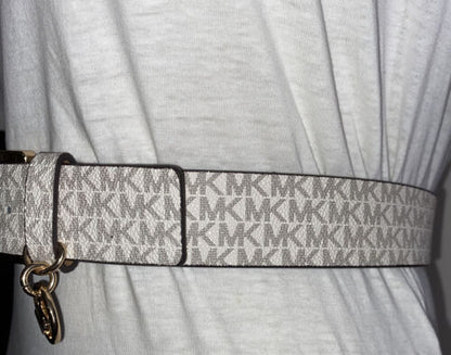 Michael Kors Belt White With Printed Mk Logo With Gold Buckle And MK Charm