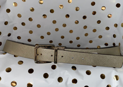 MICHAEL KORS BELT REVERSIBLE BROWN LOGO/METALLIC GOLD GOLD BUCKLE