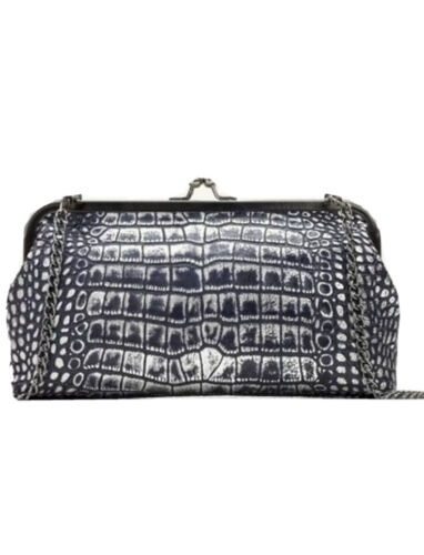 Patricia Nash Potenaz Kisslock Frame Crossbody Clutch Silver Leather chain strap