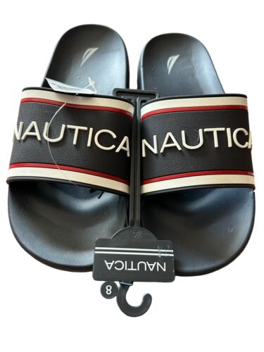 New NAUTICA Cortlan Size 8 Navy / Red with White Logo Slide Men's Sandals~GREAT!
